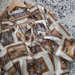 Vintage Kathy Che Safari Animal Print Satin Button Up Blouse Womens 14